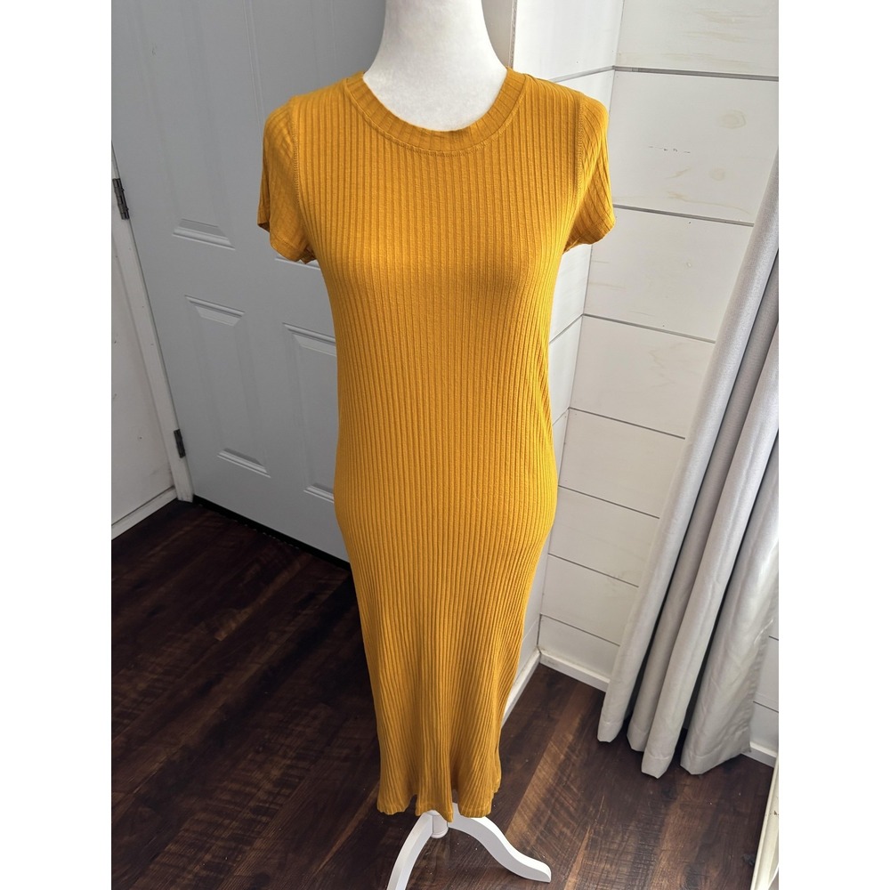 Free People FP Beach Dress Womens Small Yellow Ribbed Shirt Bodycon Midi Summer